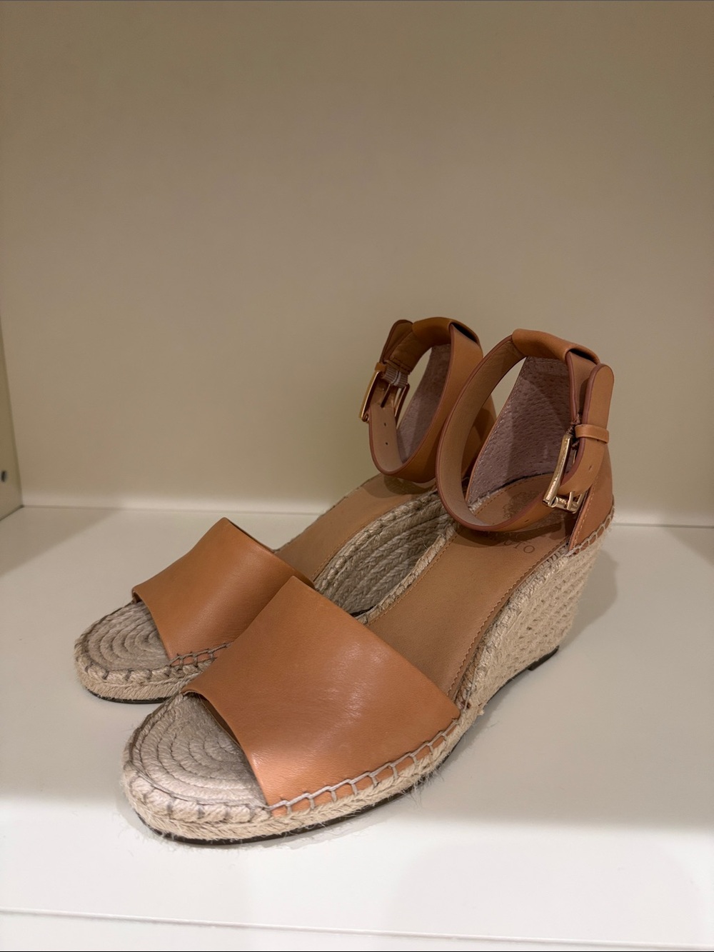 Vince Camuto Cognac Leather Espadrille Wedge Sandals with Ankle Strap